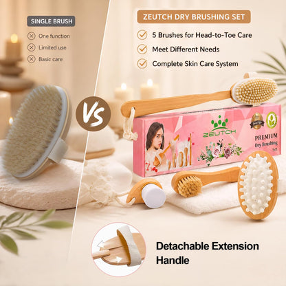Zeutch Premium Dry Brushing Body Brush Set for Lymphatic Drainage and Cellulite Treatment, Boar Bristle Long Handle Face Cleansing Brush for A Glowing Skin, 5 Pack