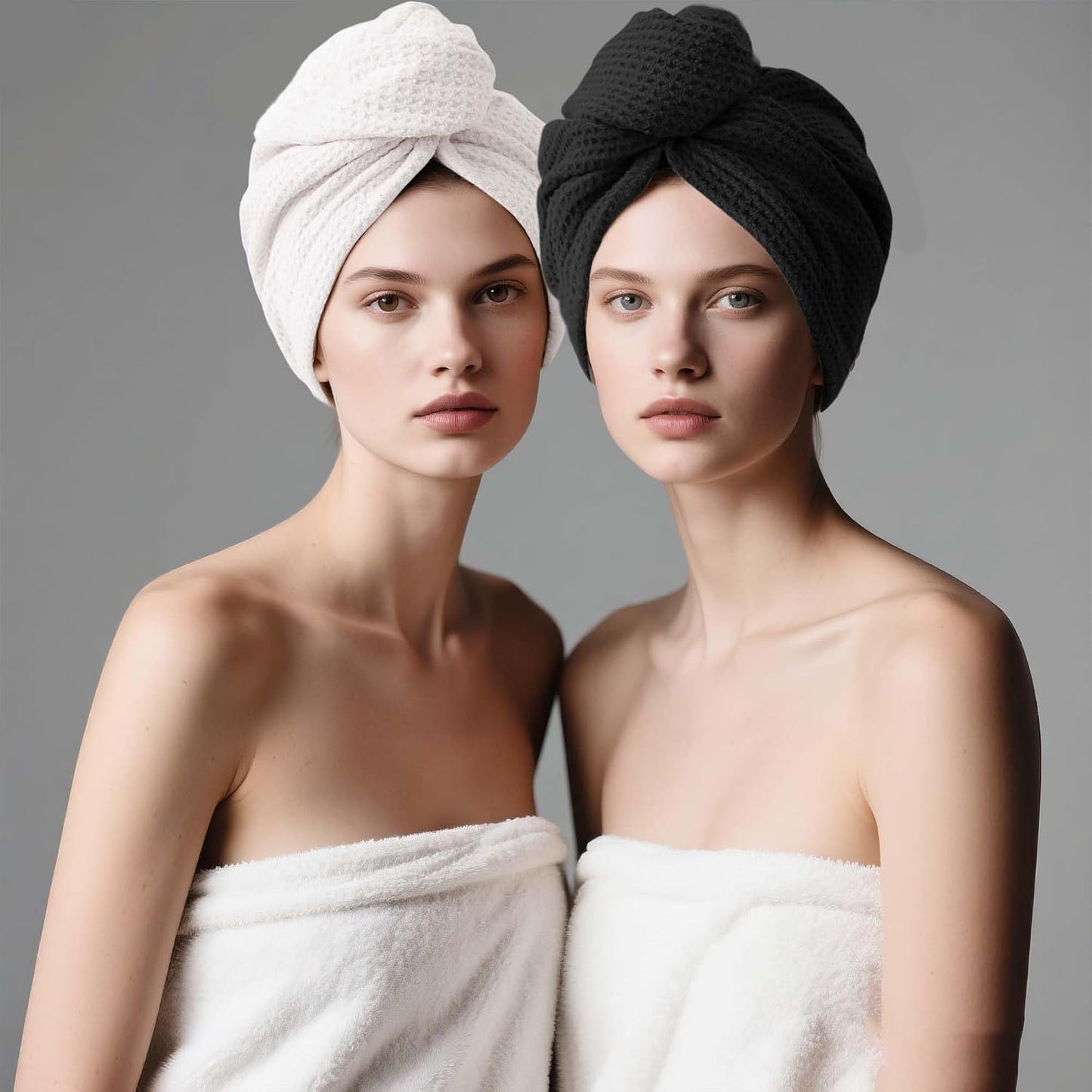 ROLSHOL 2 Pack Microfiber Hair Towel Wrap for Women, 32" x 11" Waffle Weave Hair Plopping Towel for Curly, Long & Thick Hair, Anti-Frizz Hair Turbans for Wet Hair (Pink, Grey)