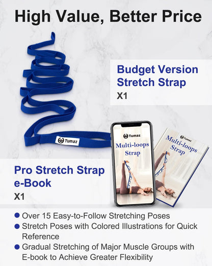 Tumaz Stretching Strap - 10 Loops & Non-Elastic Yoga Strap - Perfect Home Workout Stretch Strap for Physical Therapy, Yoga, Pilates, Flexibility