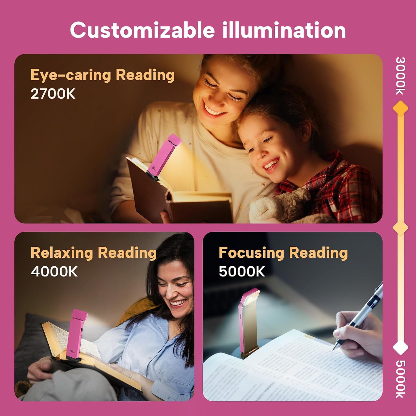 86lux Book Light, Rechargeable Reading Lights for Books in Bed, Ultralight Clip-on LED Bookmark Lamp with 3 Amber Colors & Stepless Dimming for Night Reading for Book Lovers, Papaya Orange