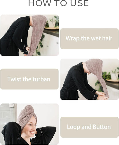 ROLSHOL Extra Large 4 Pack Microfiber Hair Towel Wrap for Women Super Absorbent & Quick Dry Hair Drying Towels with Button, Hair Turbans for Curly Hair Long & Short Hair - Anti-Frizz