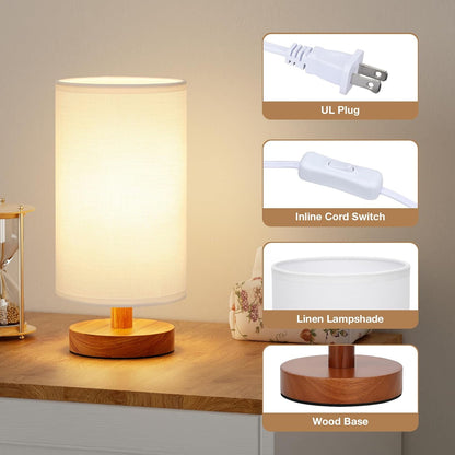 Fenmzee Small Table Lamp for Bedroom - Inline Control, Bedside Lamp with 3000K A15 LED Blub, Easy Assembly (Cream Shade - Wood Base, 9" Inline Control)