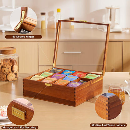 HouseJoy Tea Bag Organizer, Acacia Wood Tea Storage Box, 12 Compartments Tea Bags Storage Drawer with Clear Glass Window, Tea Bag Holder for Countertop Kitchen Cabinet Pantry - Keeps Tea Bags Fresh