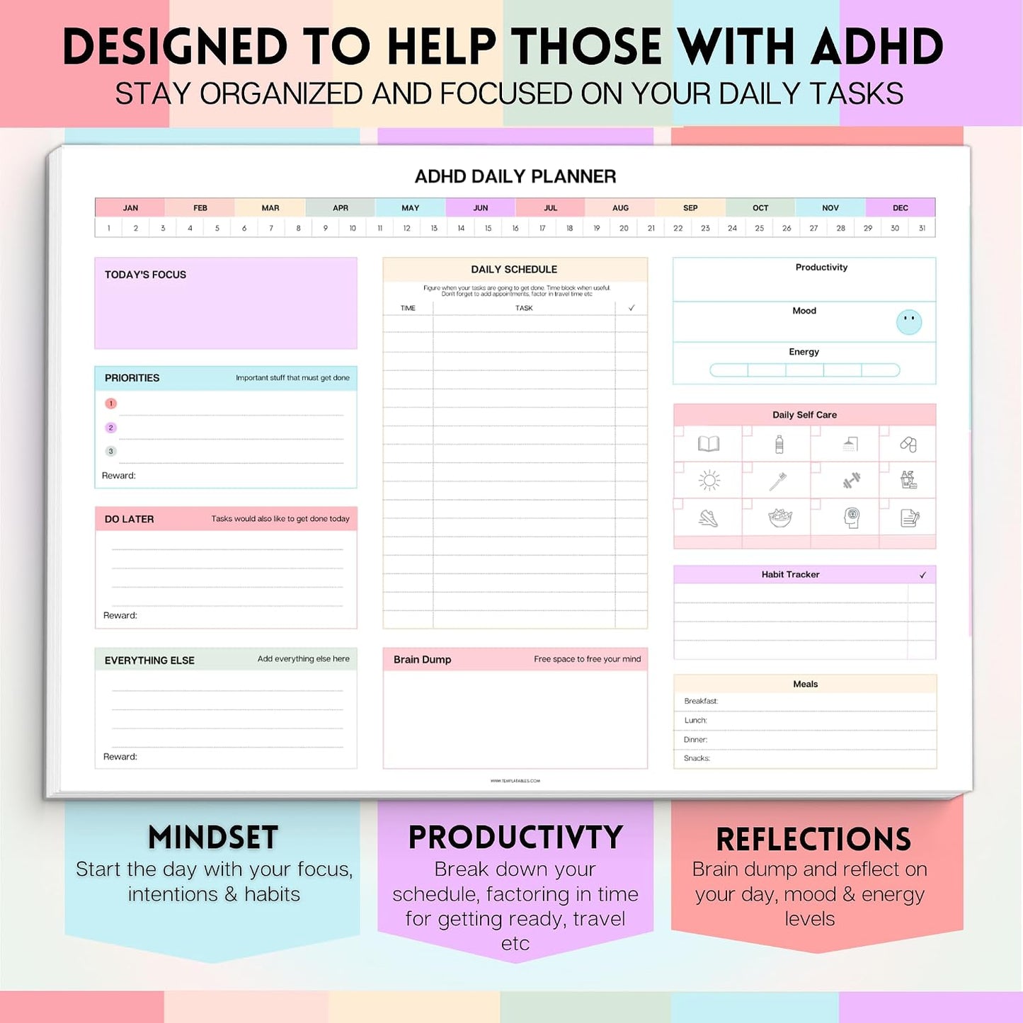ADHD Daily Planner Notepad for Neurodivergent Adults - Productivity Daily Planner Desk Pad & Task Management to Stay Organized and Focused Note Pad (Rainbow, A4 Portrait)