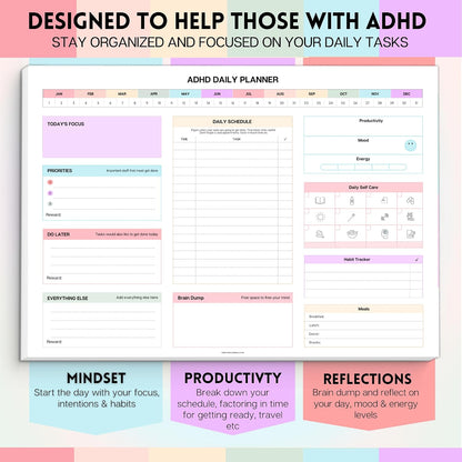 ADHD Daily Planner Notepad for Neurodivergent Adults - Productivity Daily Planner Desk Pad & Task Management to Stay Organized and Focused Note Pad (Rainbow, A4 Portrait)