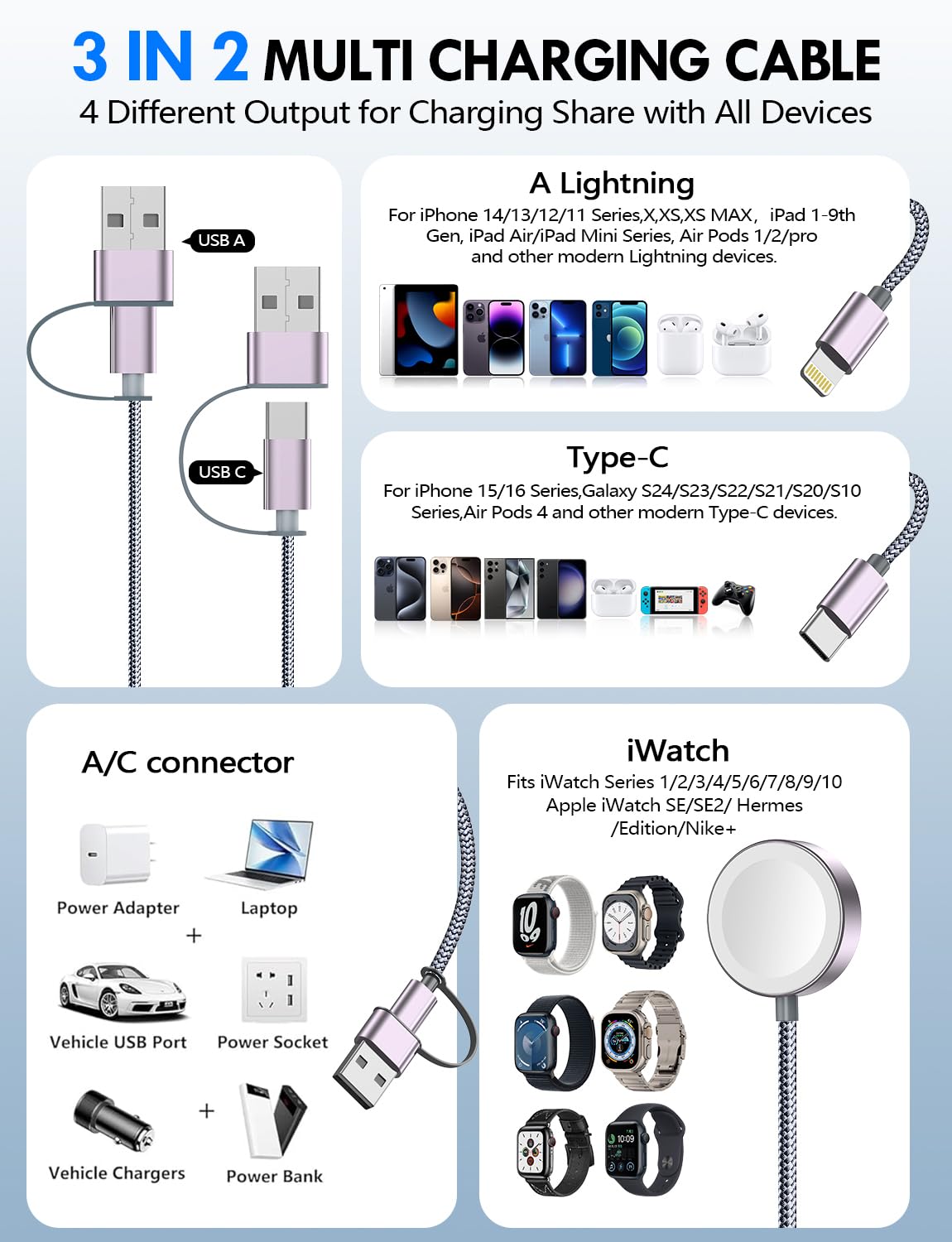 Travel Essentials for Apple Watch Charger,3-in-2 Multi Charging Cable