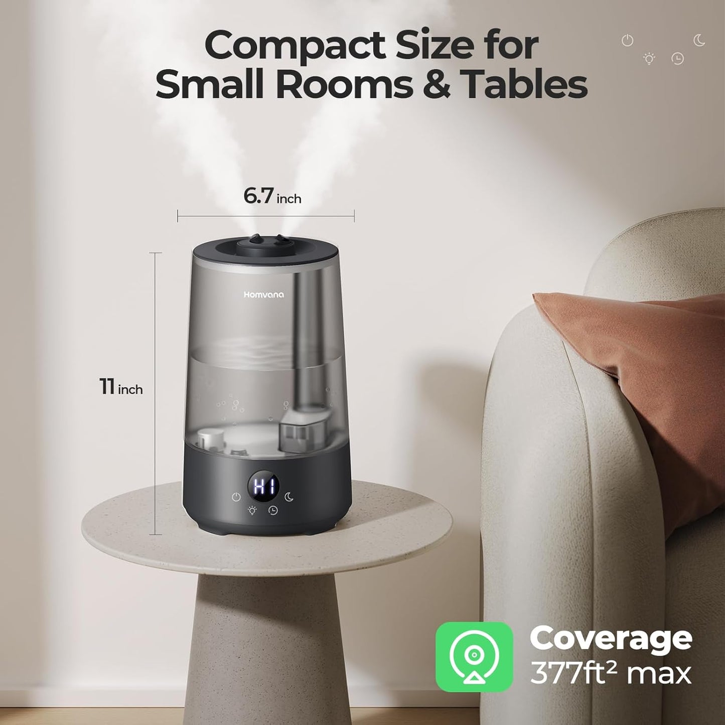 Homvana 3.6L Top-Fill Cool Mist Humidifiers for Bedroom, Large Room & Plants, 23dB Ultra-Quiet, Easy-to-Clean 2-in-1 Baby Humidifier & Oil Diffuser for Congestion Relief, Lasts Up to 4 Nights (Grey)