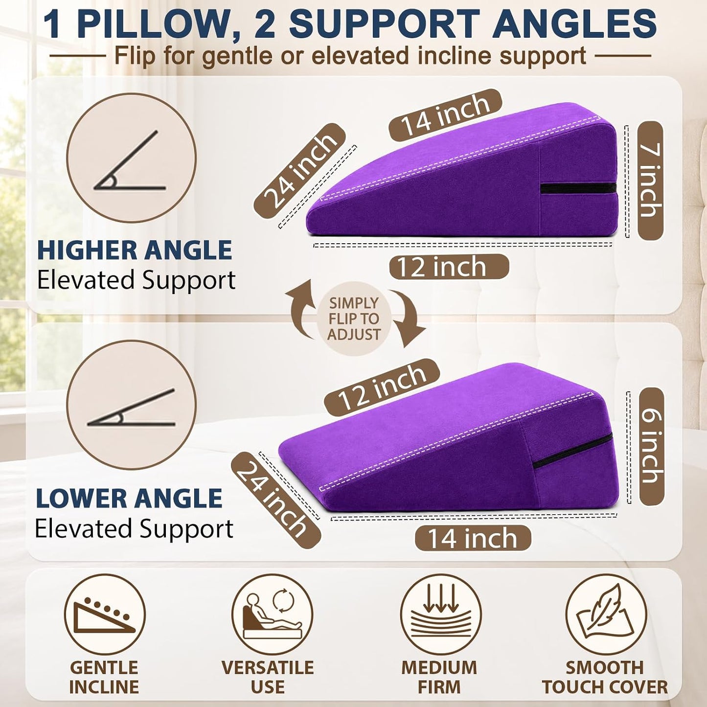 sokoro Bed Wedge Pillow for Sleeping, Small 7 Inch Compact Triangle Wedge Pillow for Acid Reflux, Sleep Apnea & Snoring Relief, Firm Incline for Back Support, Washable Cover (Grey, 24x14x7 in)