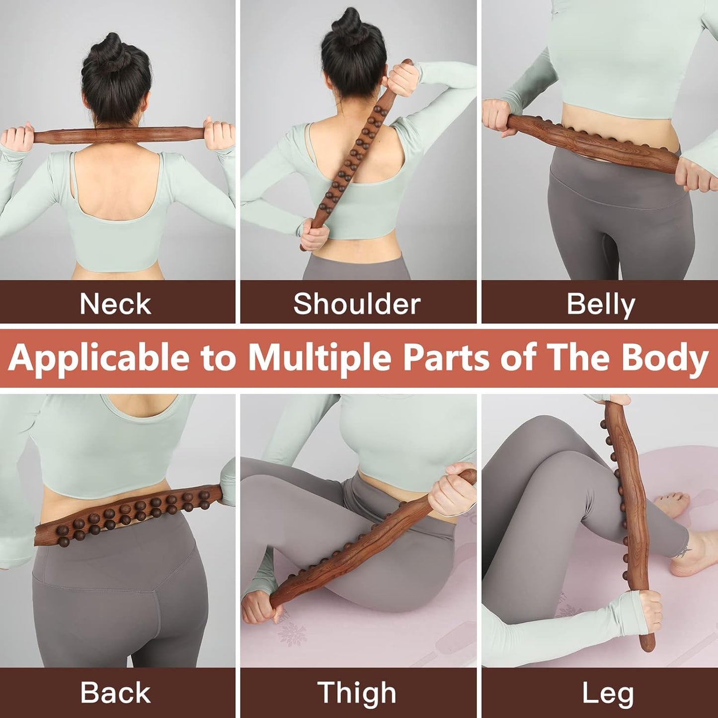 Wood Therapy Guasha Wood Stick Massage Tools, Lymphatic Drainage Massage Stick, Stomach Cellulite Massager, Myofascial Release Tool, Ease Pain Self Body Sculpting, Mountable Handle Double Row 20 Beads