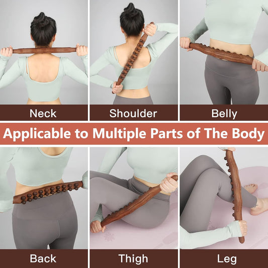 Wood Therapy Guasha Wood Stick Massage Tools, Lymphatic Drainage Massage Stick, Stomach Cellulite Massager, Myofascial Release Tool, Ease Pain Self Body Sculpting, Mountable Handle Double Row 20 Beads