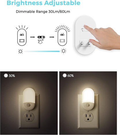 L LOHAS LED Amber Night Light, 2 Pack, Night Lights Plug into Wall Motion Sensor, 0.6W 2000K, LED Nightlights, 30/60LM Adjustable Brightness, Automatic Low Blue Nightlight for Kids, Bathroom, Hallway