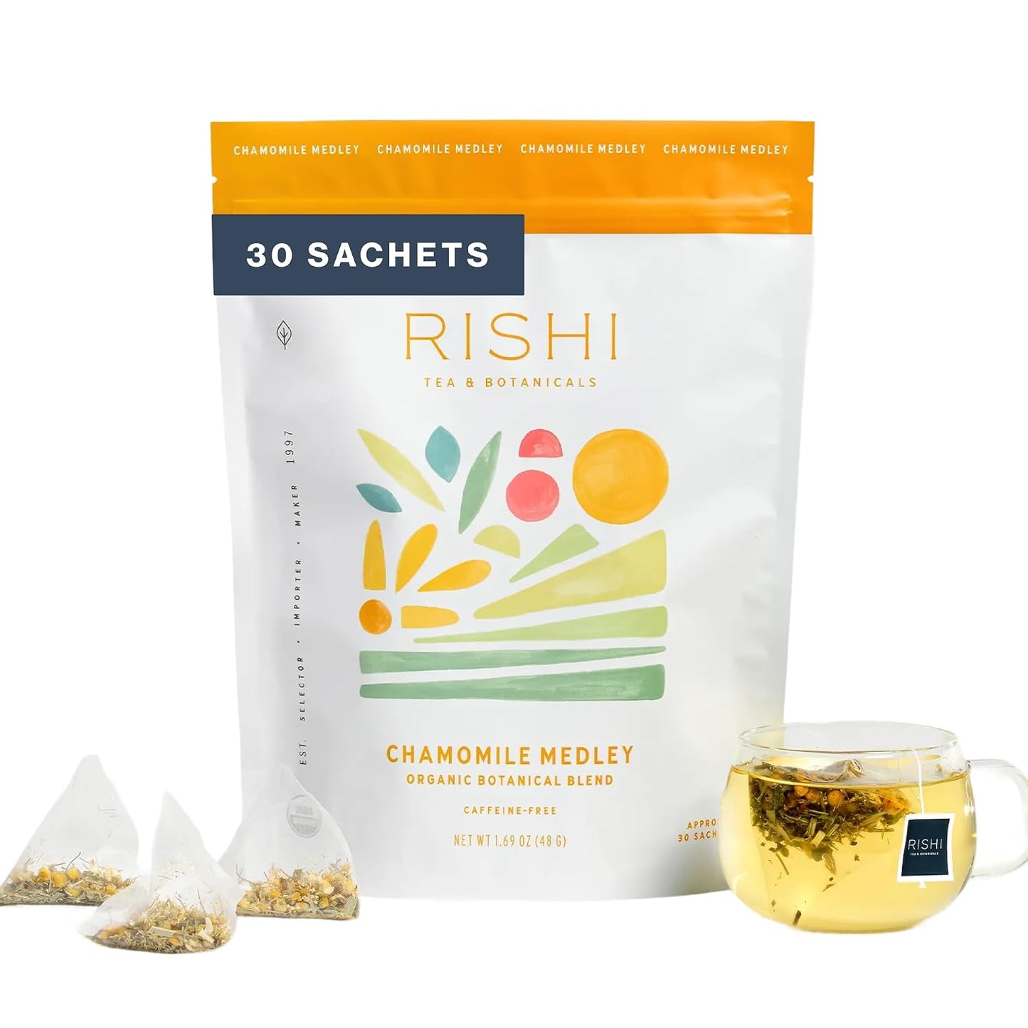 Rishi Tea Chamomile Medley Herbal Tea - Organic, Caffeine Free Sachet Bags, Calming Chamomile Flowers with Lemon Verbena & Mint - 15 Count (Pack of 1)