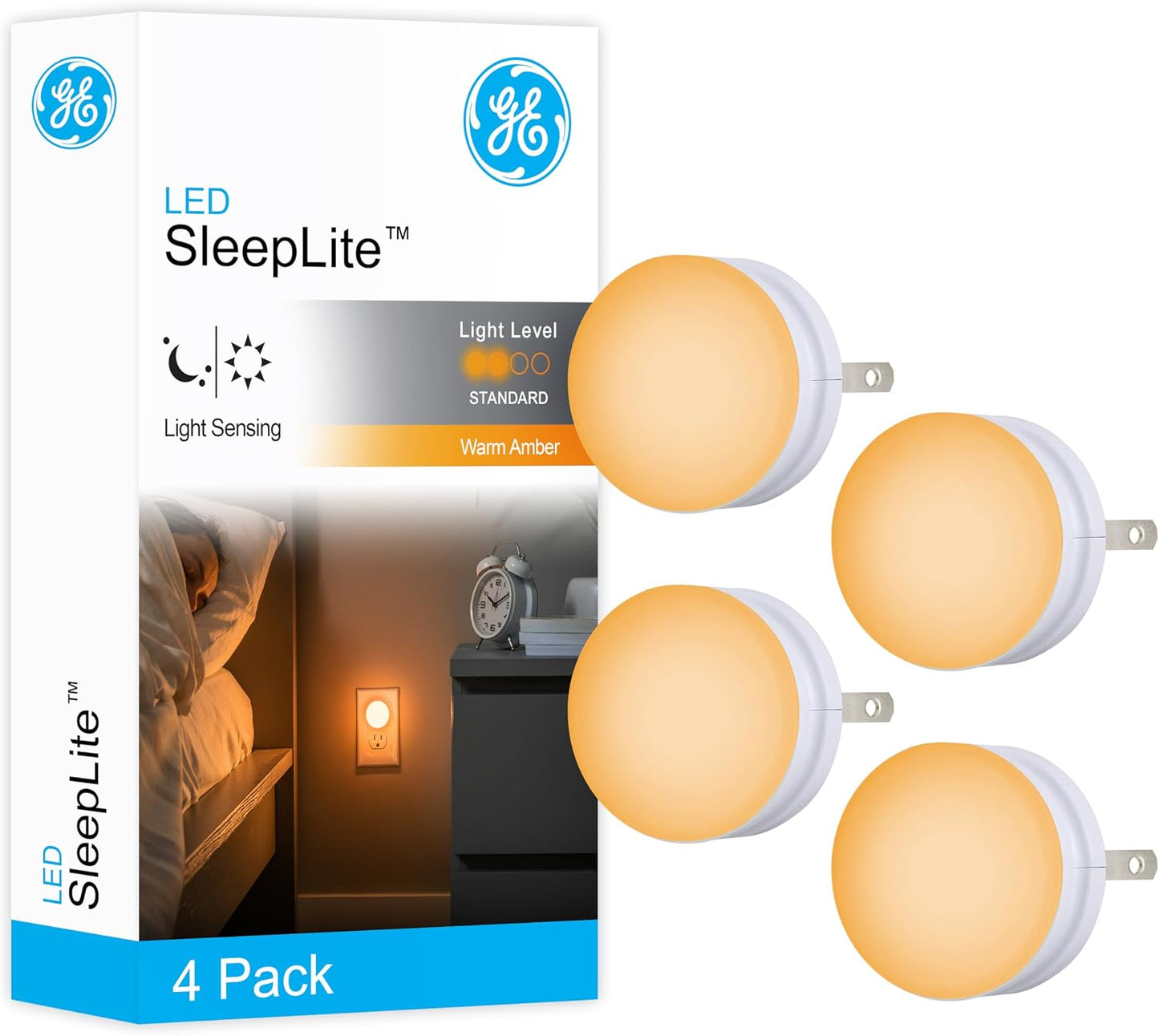 GE SleepLite LED Night Light, 2 Pack, Dusk-to-Dawn Sensor, Sleep Light, Dim Light, Warm Amber, Compact, Ideal for Bedroom, Nursery, Bathroom, Hallway, 45247, 2 Count