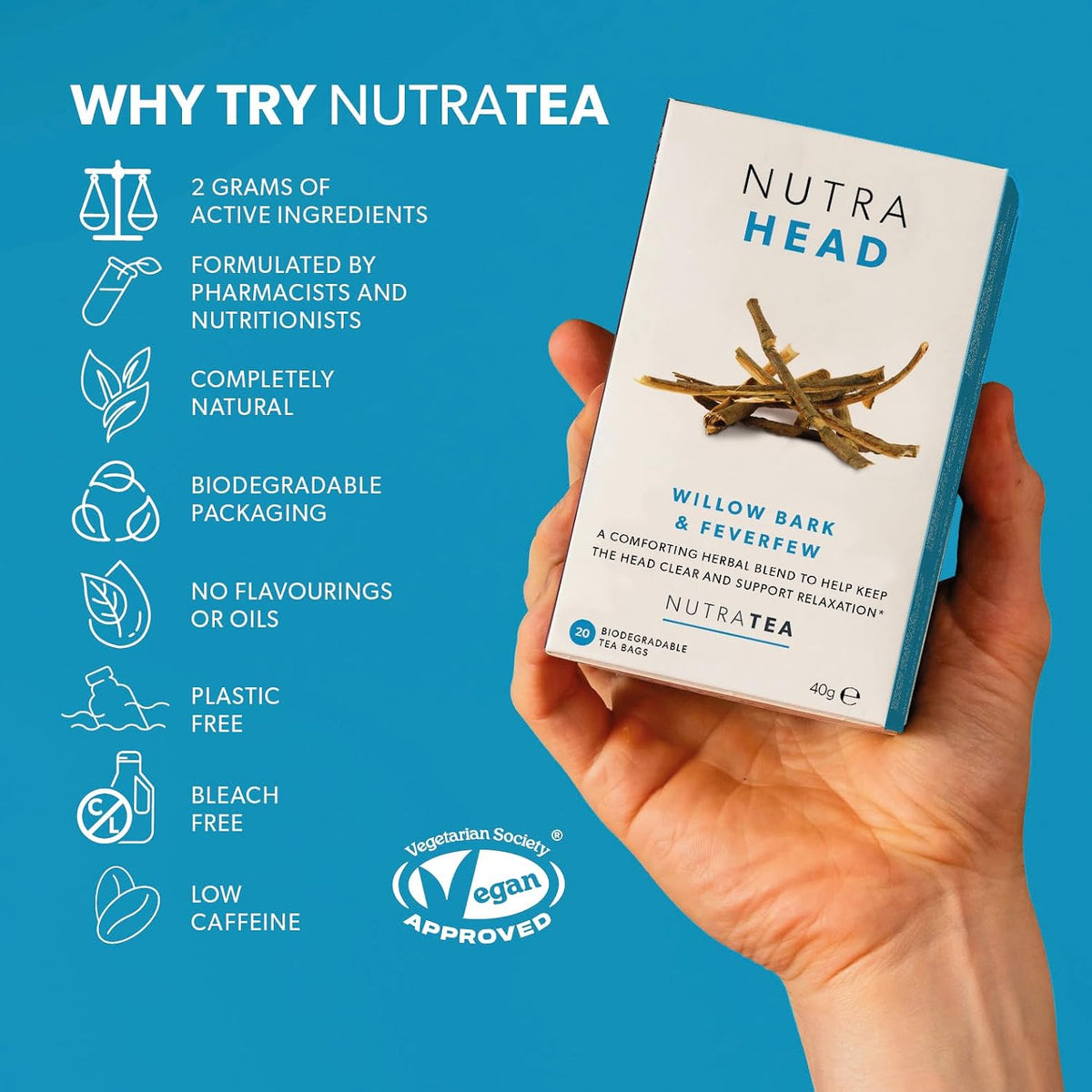 NUTRAHEAD - Migraine Relief Tea | Headache Relief Tea - For Migraine & Tension Headache Relief - Includes Feverfew, Willow Bark & Rhodiola - 20 Enveloped Tea Bags - by Nutra Tea - Herbal Tea