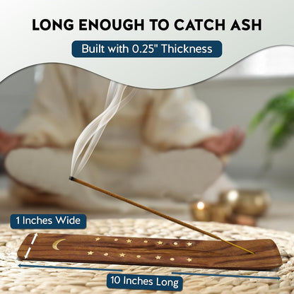 Moon and Stars Incense Holder - Wooden Ash Catcher with Celestial Design for Single Incense Sticks - Meditation Accessories, Spiritual Decor, Home Fragrance, Room Decor (10 Inches Long)