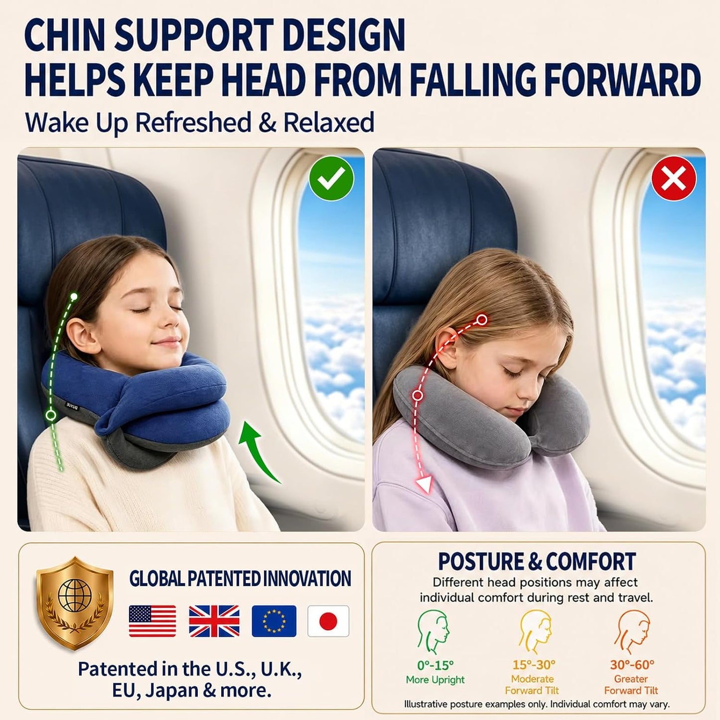 BUYUE Travel Neck Pillows for Airplanes, Memory Foam 360° Head Support Sleep for Long Flight, Skin-Friendly & Breathable, Kit with Eye Mask, Earplugs and Storage Bag (Adult, Grey, 90+ lbs)