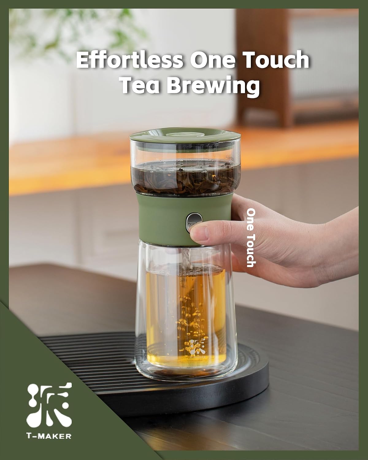 ZENS Modern Glass Infuser Teapot, One Touch Tea Maker for Loose Leaf Tea with Insulated Mug and Portable Case. Enchanted Pot Alternatives for Tea Lover Gifts