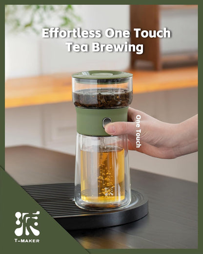 ZENS Modern Glass Infuser Teapot, One Touch Tea Maker for Loose Leaf Tea with Insulated Mug and Portable Case. Enchanted Pot Alternatives for Tea Lover Gifts