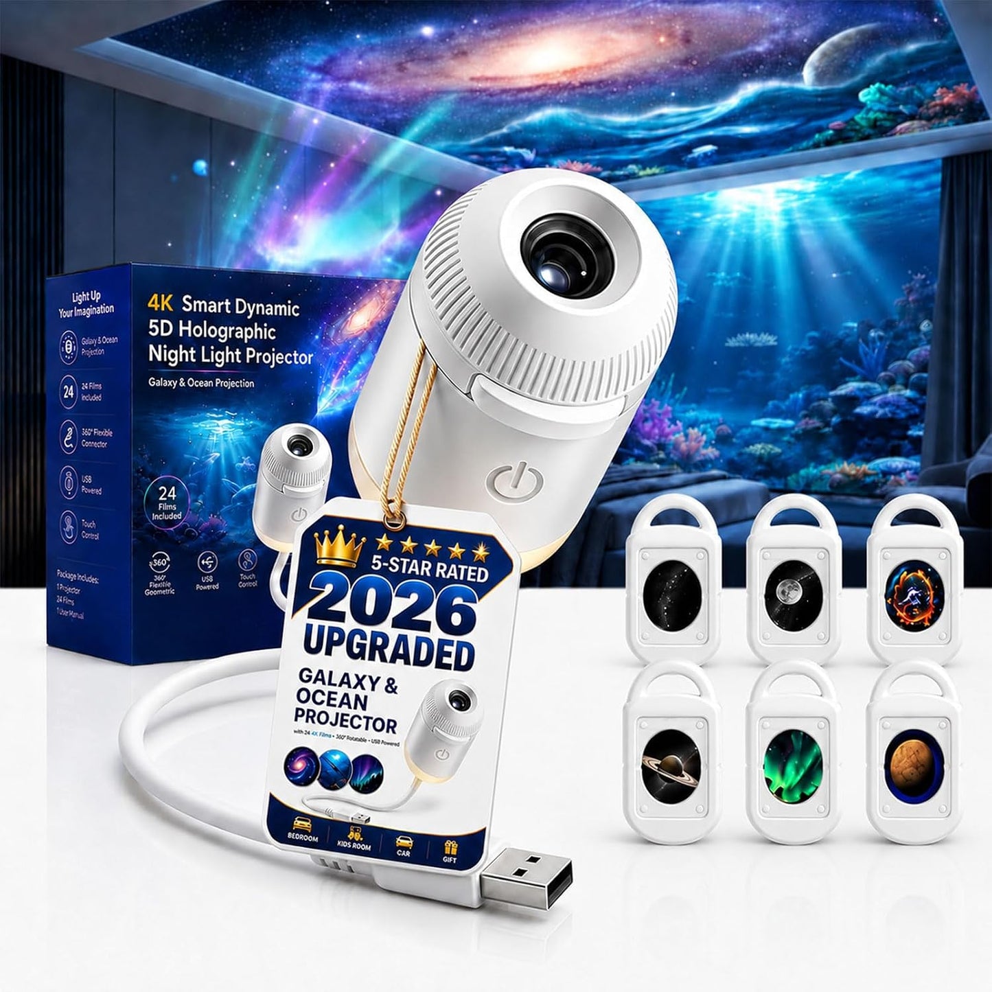 HD Smart Dynamic 5D Holographic Night Light Projector, Plug and Play 2-in-1 Galaxy Star and Ocean Projector with 24 Films, 360 Rotating USB Powered Ceiling Light for Bedroom Decor (With 3 Films)