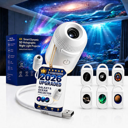 HD Smart Dynamic 5D Holographic Night Light Projector, Plug and Play 2-in-1 Galaxy Star and Ocean Projector with 24 Films, 360 Rotating USB Powered Ceiling Light for Bedroom Decor (With 3 Films)