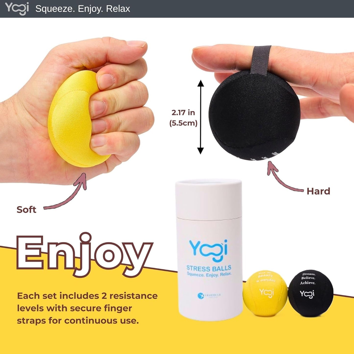Yogi Stress Ball with Finger Grip Strap – Stress Balls for Adults & Kids, Squishy Ball Stress Relief Toy, Squeeze Ball for Anxiety, Sensory Toys & Fidget Ball for Hand Therapy