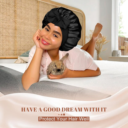 Satin Bonnet for Sleeping Cap Double Layer Hair Bonnet with Elastic Tie Band for Curly Hair Night Cap (Bean Paste + Pink)