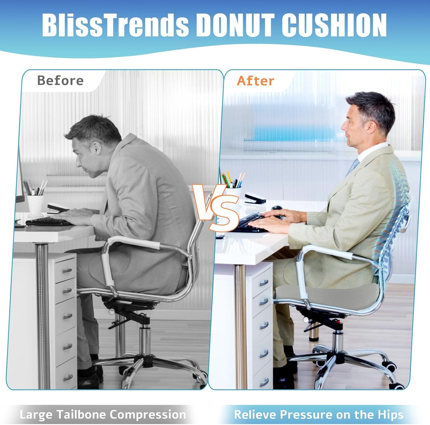 BlissTrends Donut Pillow Seat Cushion,Donut Chair Cushions for Postpartum Pregnancy & Hemorrhoids,Tailbone Pain Relief Cushion,Memory Foam Lifting Cushions for Office&Home Chairs (Black)