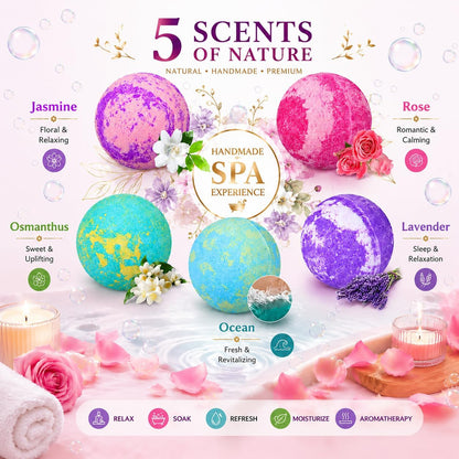 Bath Bombs Gift Set - 5 Large Fizzy Spa Bombs with 4 Scented Candles for Women - Moisturizing Bubble Bath with Essential Oils for Valentine's, Birthday Gifts