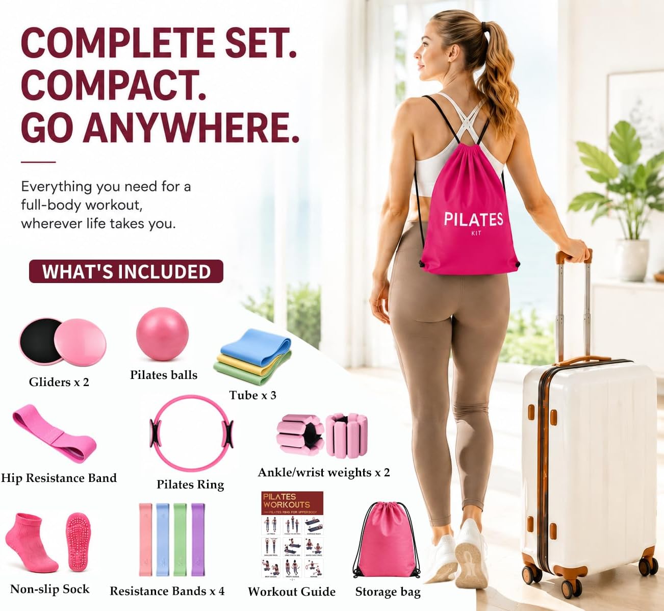 Chobokiang Pilates Kit for Women, Home Workout Equipment Set with Ring, Ball, Resistance Bands, Core Sliders & Ankle/Wrist Weights, Pilates Essentials Kit for Full Body Sculpt, Fat Burn & Beginners
