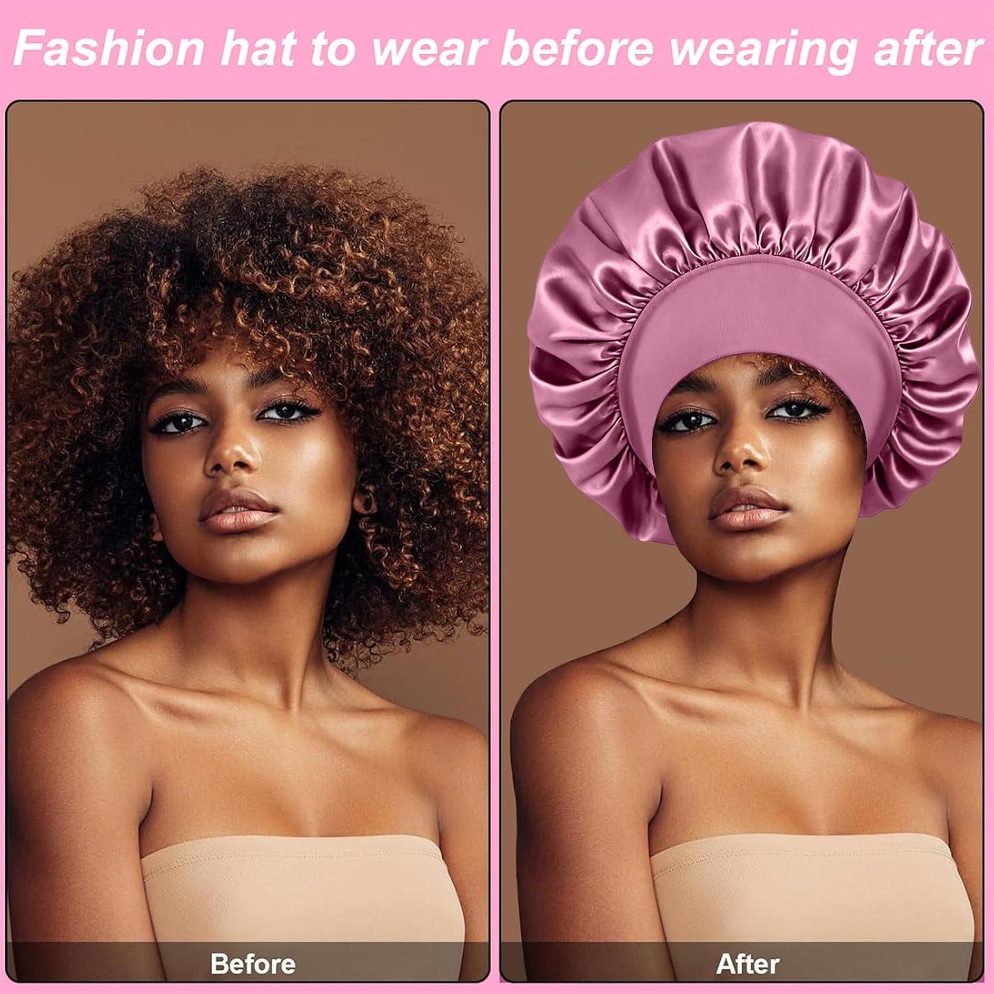 4Pcs Silk Satin Bonnets for Sleeping - Elastic Wide Band Wrap for Black Women Men,Silk Bonnets for Curly Hair,Large Hair Cap for Sleeping (Black+Wine Red+Purple+Brown)