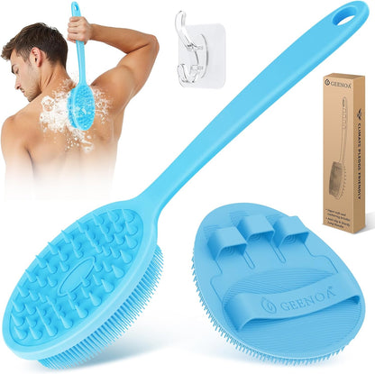 Silicone Back Scrubber & Bath Glove Set 2PCS, 13.4'' Gentle Shower Back Scrubber with Dual-Side Head Non-Slip Handle, 360° Anti-Slip Hand-fit Bath Glove for Rich Foaming Deep Cleaning(Black)