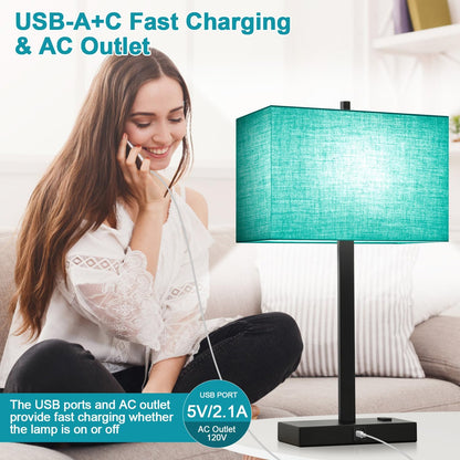 21" Touch Bedside lamps with 2 USB & AC Outlets, 3-Way Dimmable Bedside Table Lamps Set of 2 for Bedroom Living Room Office Reading, Gray Shade Lamps for Night Stands, 5000K LED Bulbs Included