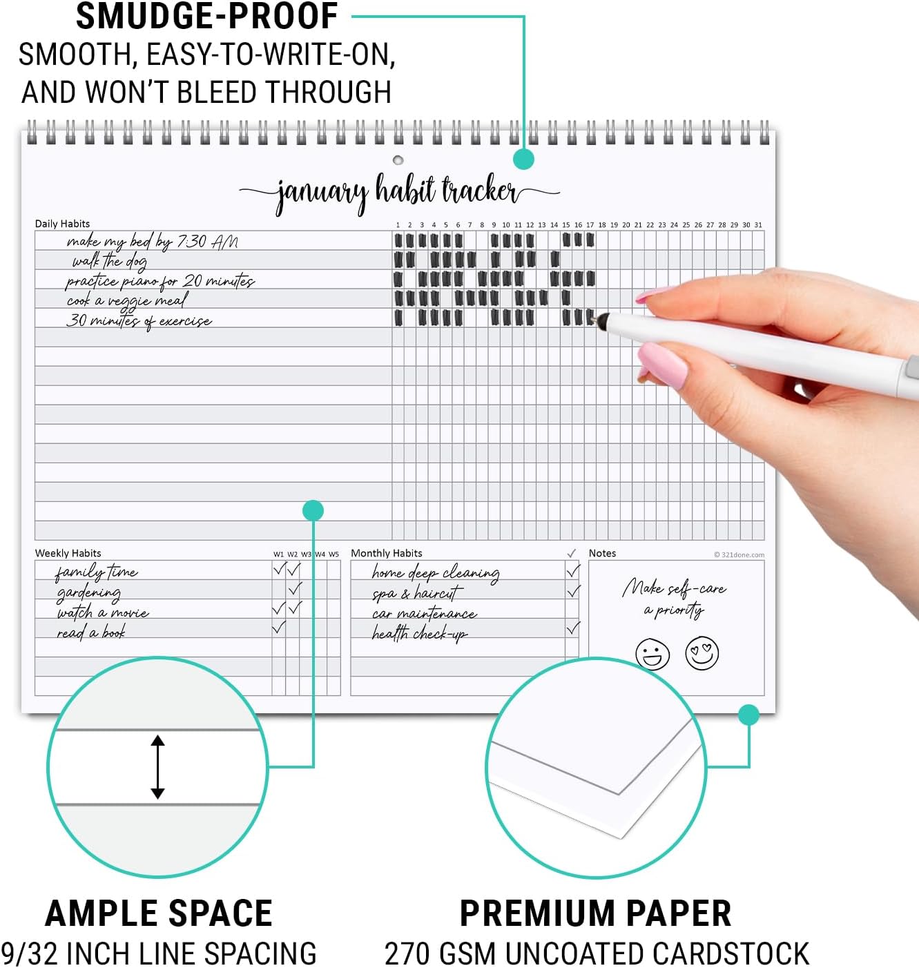321Done Habit Tracker Calendar Pad, 8.5x11 Monthly, Made in USA