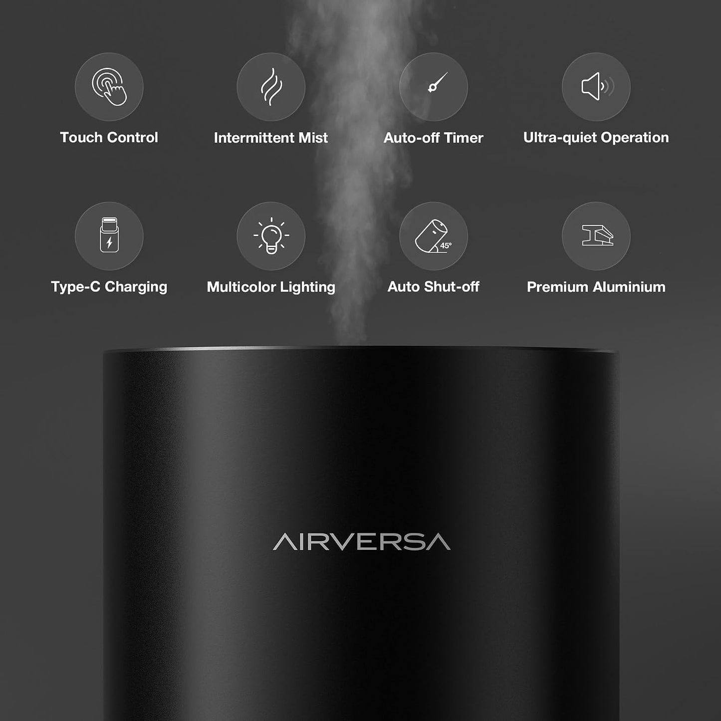 Airversa Waterless Essential Oil Diffuser for Home Room Desk Car Air Freshener Diffuser, Up to 600 sq ft, Battery Operated, Mist Level and Timer Settings, 100mL Capacity, Cold Air, RD1 Black