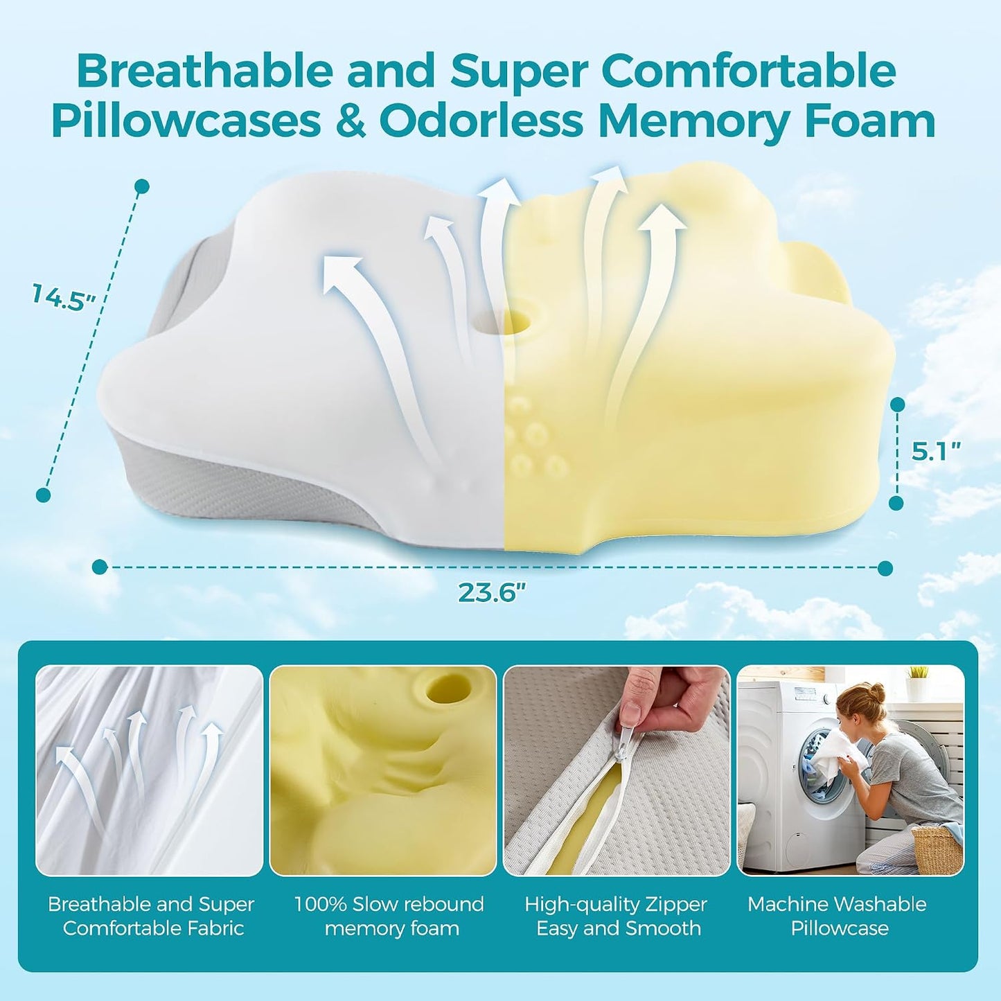 BDEUS Sleep Apnea Pillow, Cervical Neck Pillow for Pain Relief, Ergonomic Side Sleeper Pillow for Adults, Orthopedic Contour Memory Foam Pillow for Neck Support, Anti Snore, Cooling, White
