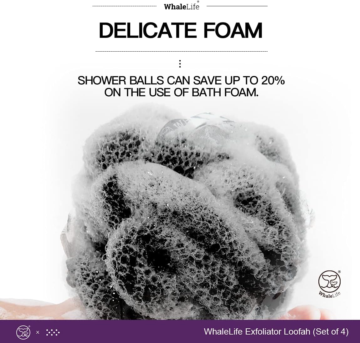 WhaleLife Loofah Bath Sponges - Black Gentle Exfoliating Shower Loofah for Rich Lather, Durable Mesh Body Scrubber for Men & Women 4 Pack