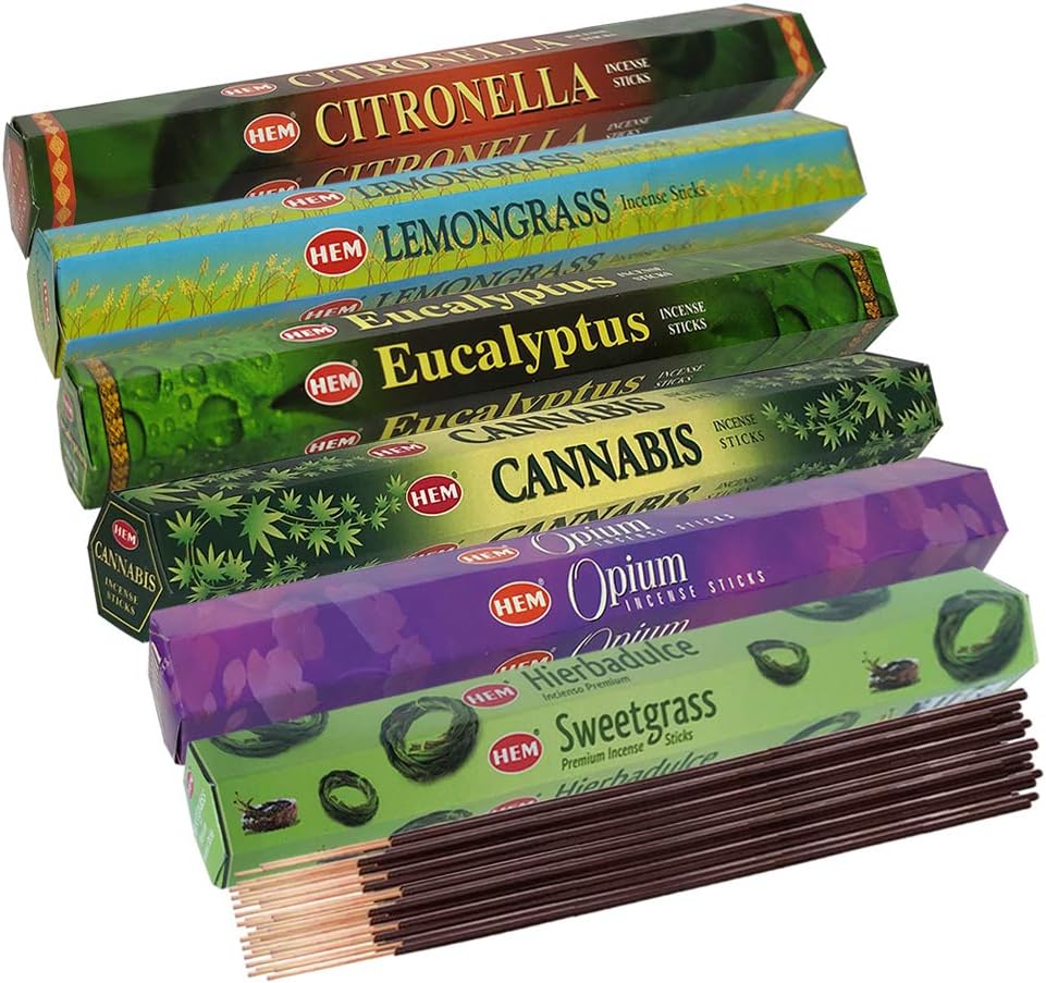 Hem Incense Sticks Variety Pack #23-120 Insence-Sticks (6 Incents x 20 Insense) + Incense Stick Holder with 6 Most Liked Scents Including Patchouli Dragons Blood White Sage Frankincense-Myrrh
