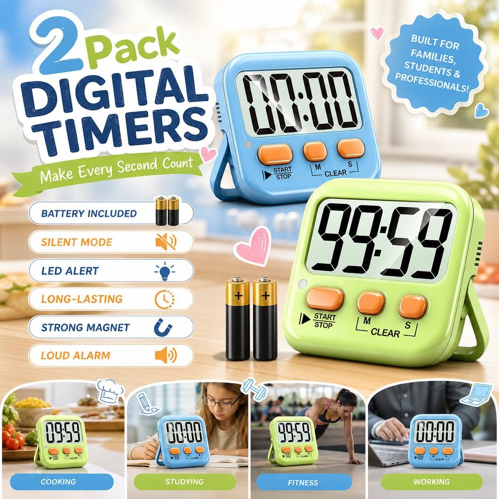 Antonki 2 Pack Digital Timer for Kids Classroom Kitchen Timers for Cooking