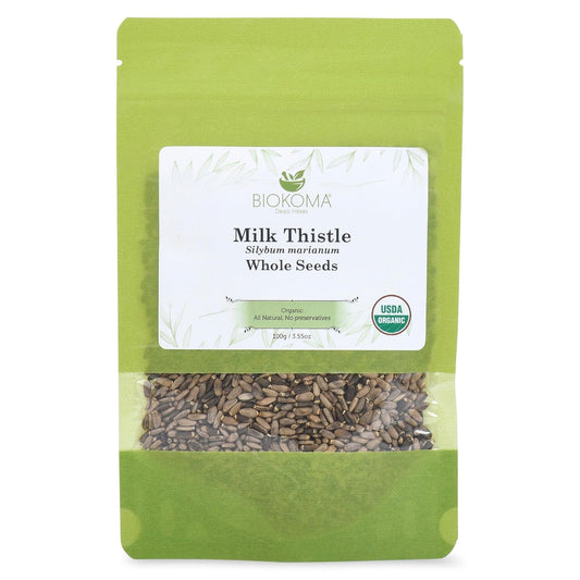 Biokoma Organic Milk Thistle Seeds 3.55 oz, Silybum Marianum for Milk Thistle Tea, USDA Organic Herbal Tea, Loose Whole Seeds in Resealable Moisture Proof Pouch, Non GMO, No Additives, Kosher