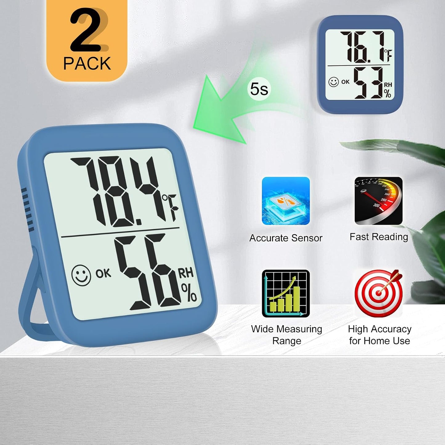 Antonki 2 Pack Room Thermometer for Home, Hygrometer Indoor Humidity Meter Gauge, Digital Temperature and Humidity Monitor Sensor for House, Terrarium, Incubator, Greenhouse - Battery Included