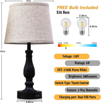 EJIAXIN Lamps for Bedrooms Set of 2, Brushed Nickel Bedside Lamps with USB C+A Ports,Dimmable Nightstand Lamps with Fabric Lampshade, Touch Table Lamp for Living Room Bedroom Office, Bulbs Included