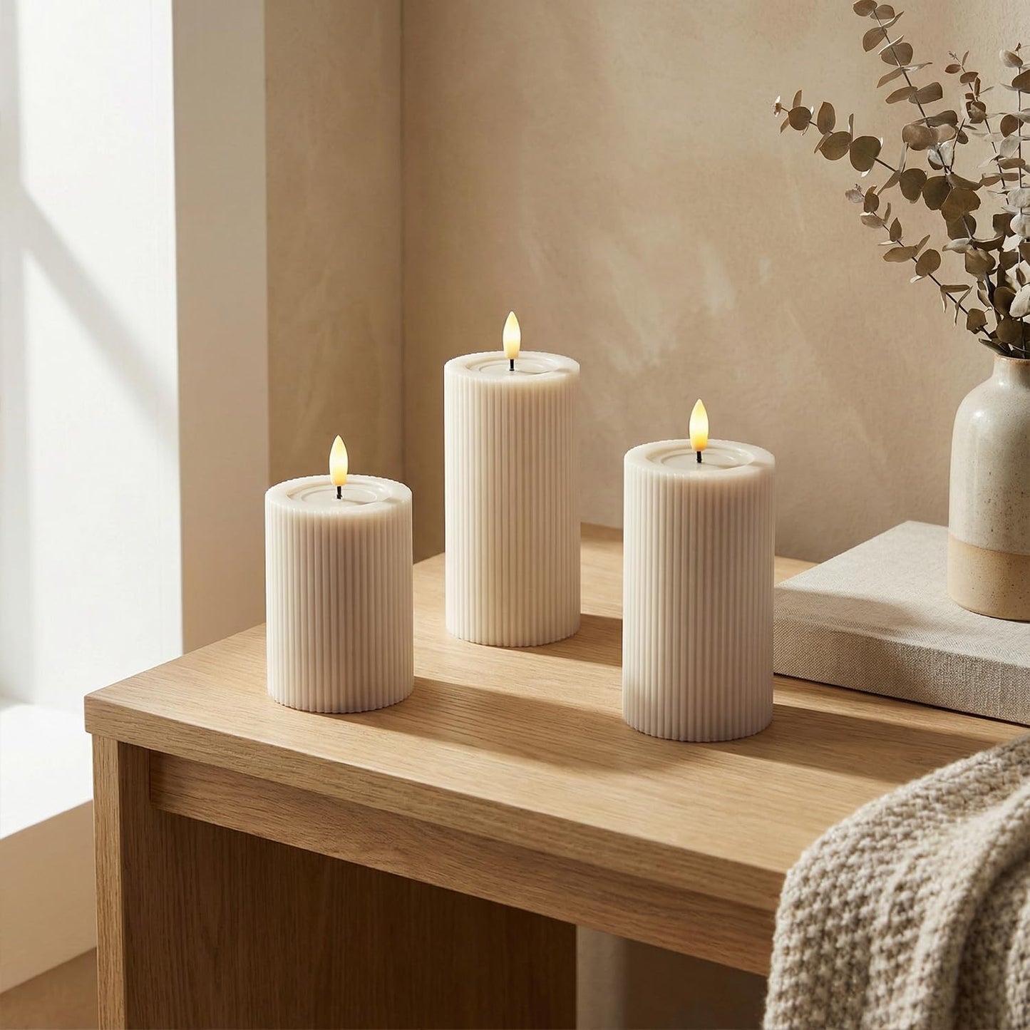 Ribbed Fluted Real Wax Flameless LED Pillar Candles, Loden Sage Olive Green, Melted-Wax Top Look, Flickering Flame, Battery Operated, Remote & Timer, Shelf & Wedding Decor (Set of 3)