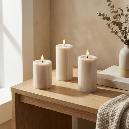 Ribbed Fluted Real Wax Flameless LED Pillar Candles, Loden Sage Olive Green, Melted-Wax Top Look, Flickering Flame, Battery Operated, Remote & Timer, Shelf & Wedding Decor (Set of 3)
