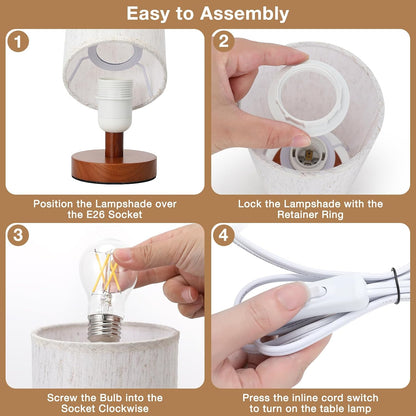 Fenmzee Small Table Lamp for Bedroom - Inline Control, Bedside Lamp with 3000K A15 LED Blub, Easy Assembly (Cream Shade - Wood Base, 9" Inline Control)