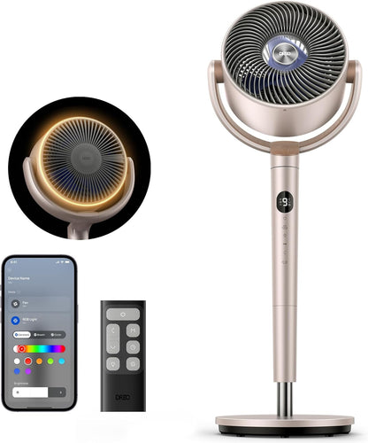 DREO Smart Fan for Bedroom, 120° +120° Omni-Directional Oscillating Fans, 100ft Quiet Pedestal Fan with RGB Light, 9 Speeds, 6 Modes, 20dB, 8H Timer, Wi-Fi/Voice/Alexa, 35-40" Floor Fans with Remote