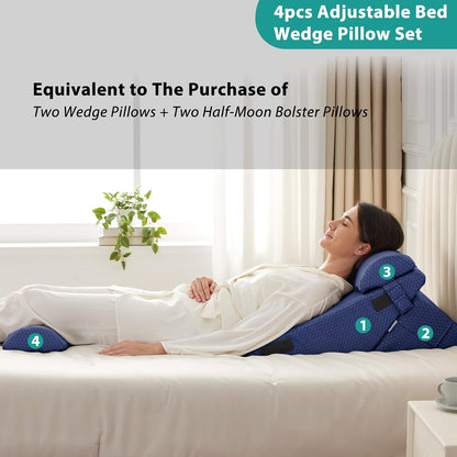 Bedluxe Wedge Pillow Headboard, 3PCS Orthopedic Bed Wedge Pillows Set for After Surgery, Adjustable Pillow Wedge for Acid Reflux&Back Pain Relief, Sleeping, Back Pillow for Bed Sitting Up, White/Grey