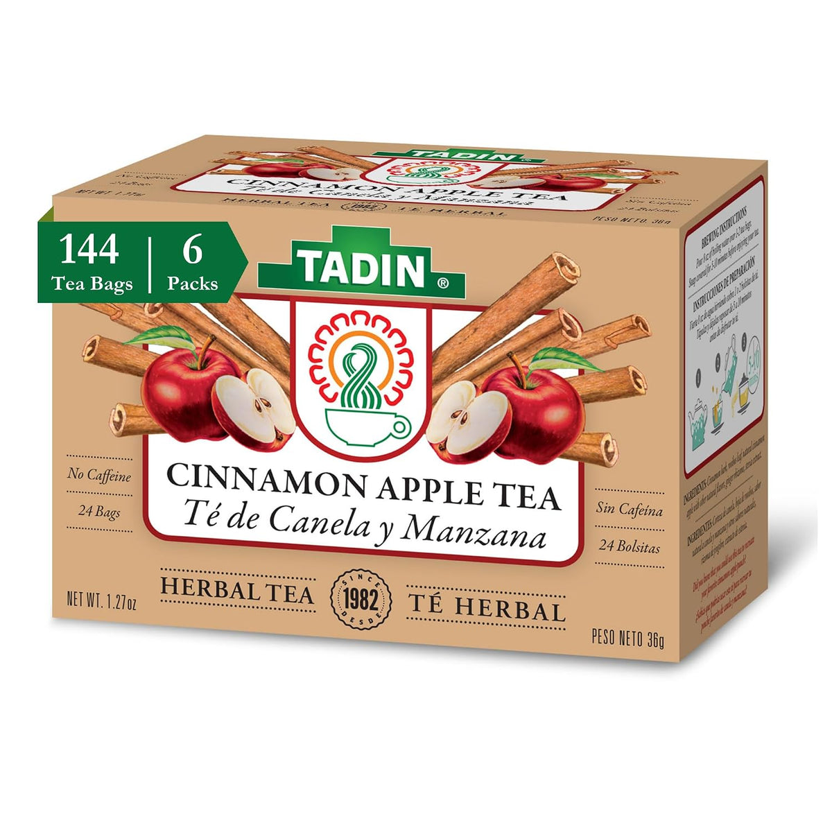 Tadin Cinnamon Apple Herbal Tea, Caffeine Free, Decaf, 24 Tea Bags, Pack of 6