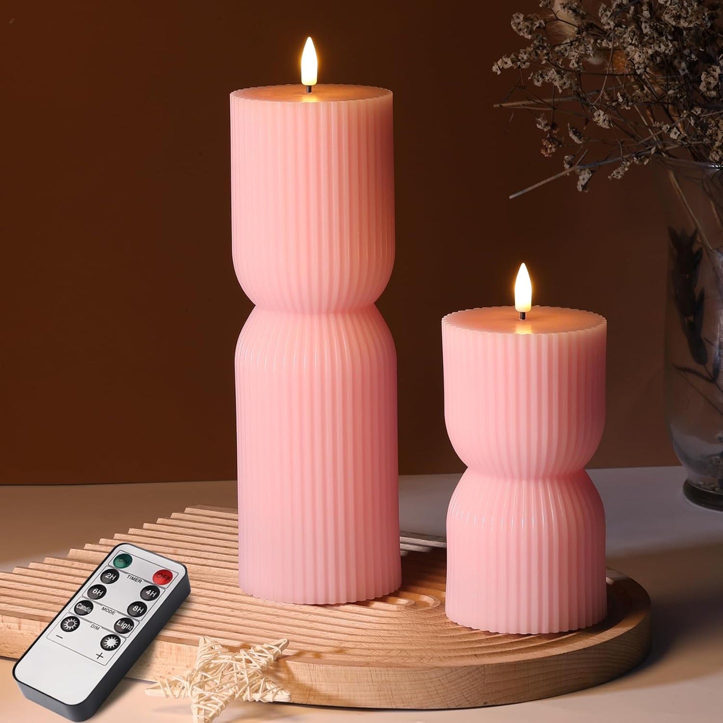 White Ribbed Flameless Pillar Candles with Remote, Real Wax Flickering Battery LED Candles Set of 2