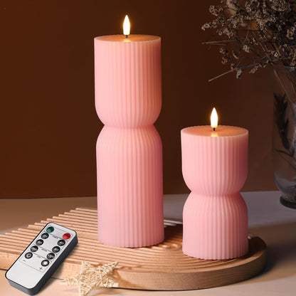 White Ribbed Flameless Pillar Candles with Remote, Real Wax Flickering Battery LED Candles Set of 2