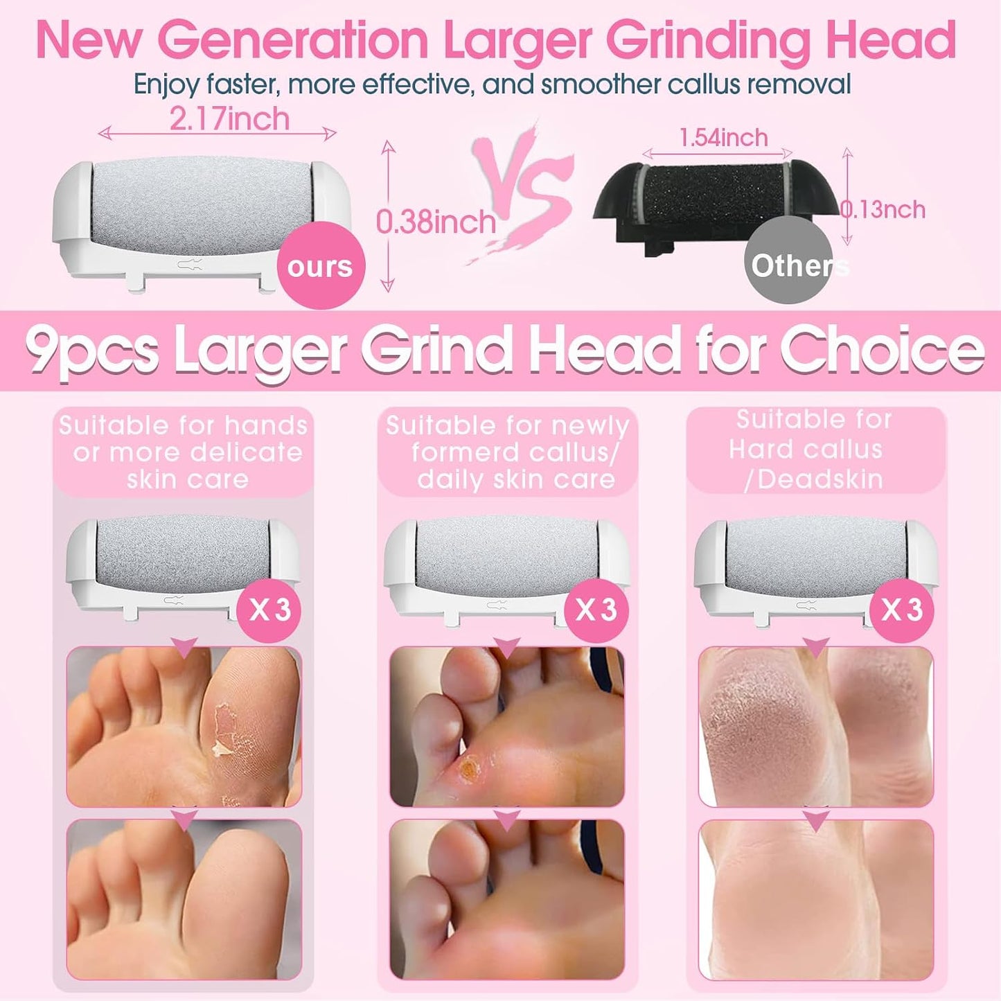 Electric Foot File Callus Remover for Feet - 6pcs Larger Grinding Head&3Speed, Pedicure Kit Foot Scrubber Deadskin Callus Remover, Foot Care Kit Pedicure Tools for Dead Skin Callus Hardskin Dry Cracks